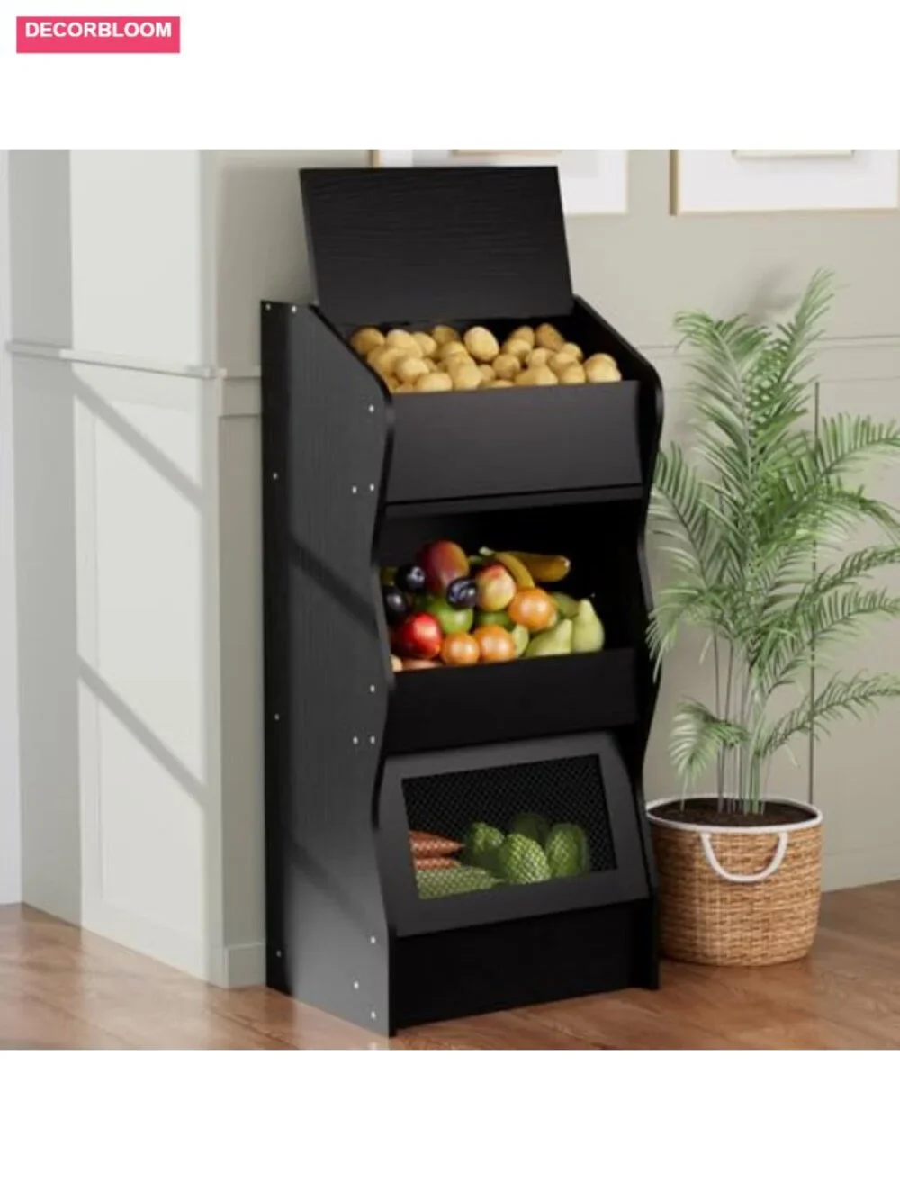 3-Tier Wooden Potato Onion Storage Bin with Lids